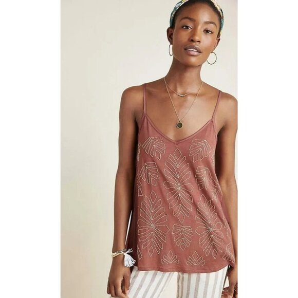 By Anthropologie Anthro Alison Beaded Cami Tank Top Medium Brown Sleeveless - Picture 1 of 9